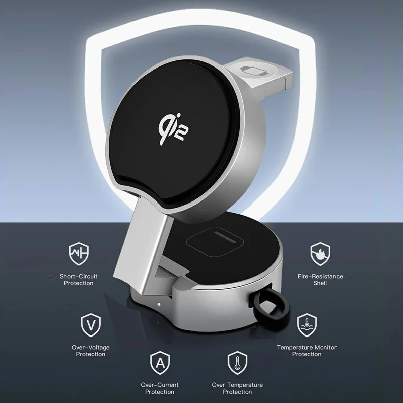 B30 3 In 1 Foldable Magnetic Wireless Charger with 80cm Retractable Cable Qi2 15W Fast Charging Dock for Phone Watch Earbuds - Silver+Black
