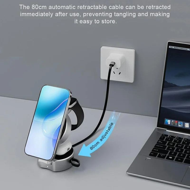 B30 3 In 1 Foldable Magnetic Wireless Charger with 80cm Retractable Cable Qi2 15W Fast Charging Dock for Phone Watch Earbuds - Silver+Black