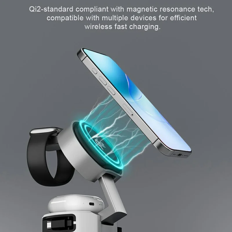 B30 3 In 1 Foldable Magnetic Wireless Charger with 80cm Retractable Cable Qi2 15W Fast Charging Dock for Phone Watch Earbuds - Silver+Black
