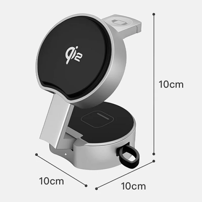 B30 3 In 1 Foldable Magnetic Wireless Charger with 80cm Retractable Cable Qi2 15W Fast Charging Dock for Phone Watch Earbuds - Silver+Black