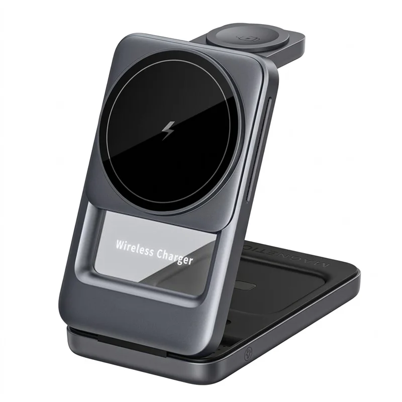 S29 3 in 1 Magnetic Wireless Charger with Ambient Light 15W Fast Charging Stand for Phone Watch Earbuds Foldable Charging Dock - Grey