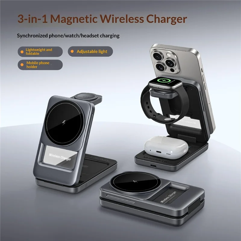 S29 3 in 1 Magnetic Wireless Charger with Ambient Light 15W Fast Charging Stand for Phone Watch Earbuds Foldable Charging Dock - Grey