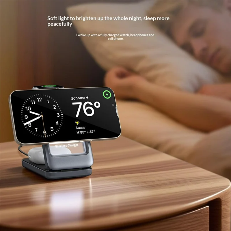 S29 3 in 1 Magnetic Wireless Charger with Ambient Light 15W Fast Charging Stand for Phone Watch Earbuds Foldable Charging Dock - Grey