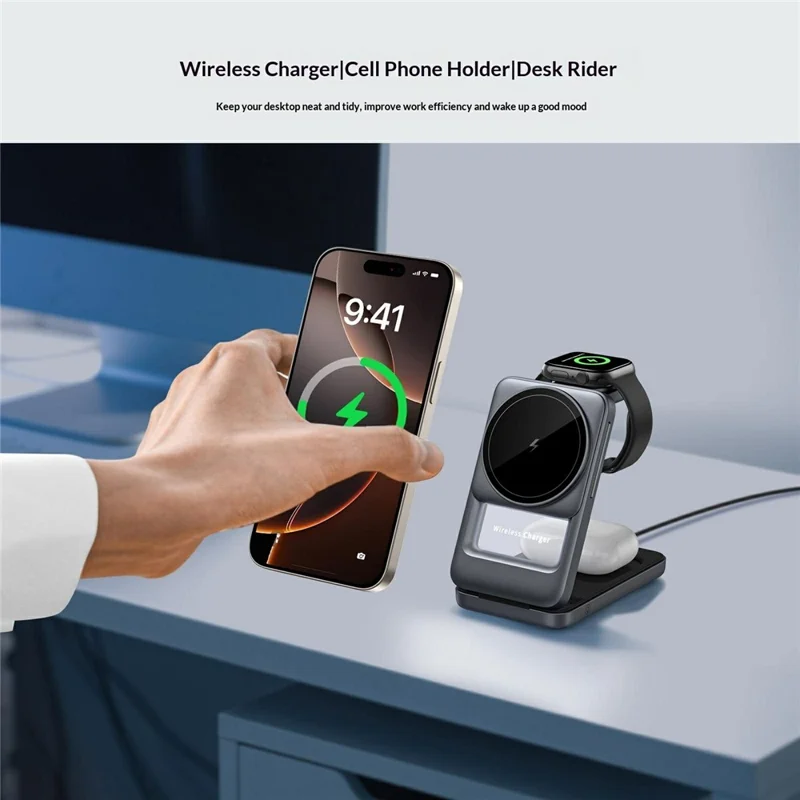 S29 3 in 1 Magnetic Wireless Charger with Ambient Light 15W Fast Charging Stand for Phone Watch Earbuds Foldable Charging Dock - Grey