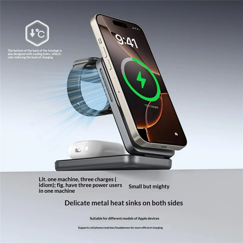 S29 3 in 1 Magnetic Wireless Charger with Ambient Light 15W Fast Charging Stand for Phone Watch Earbuds Foldable Charging Dock - Grey