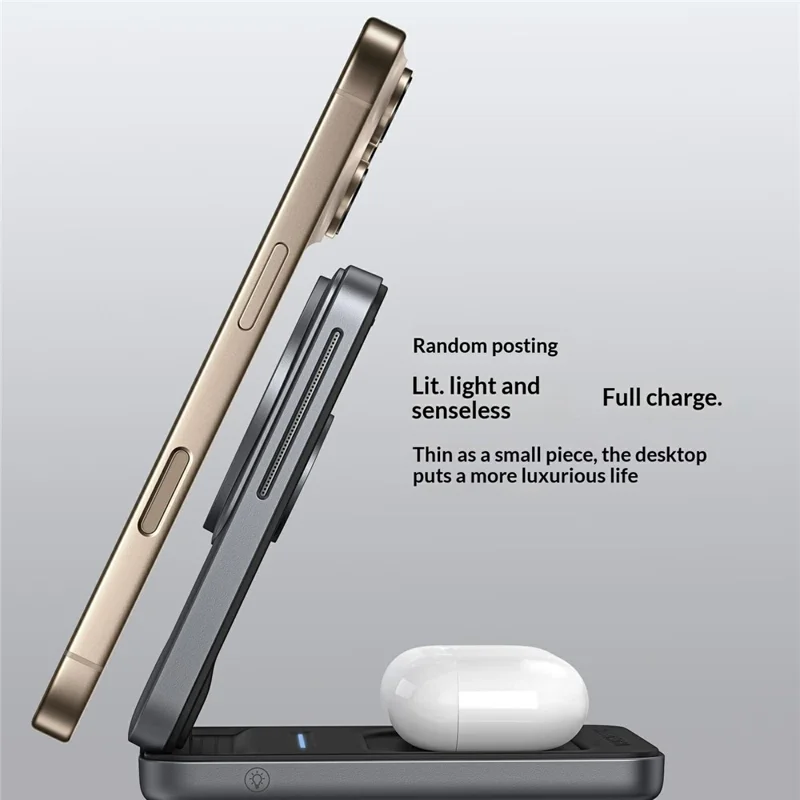 S29 3 in 1 Magnetic Wireless Charger with Ambient Light 15W Fast Charging Stand for Phone Watch Earbuds Foldable Charging Dock - Grey