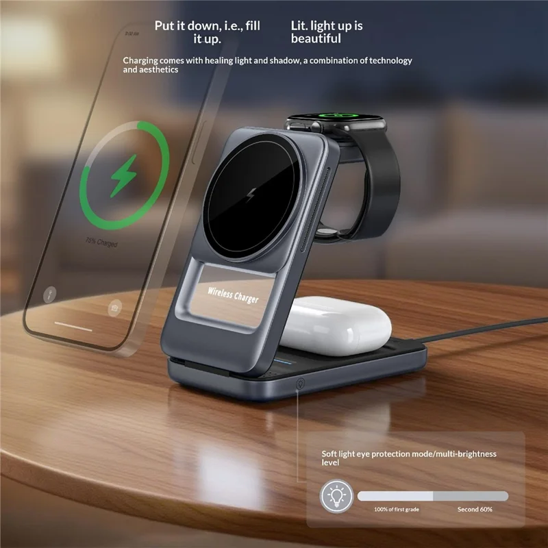 S29 3 in 1 Magnetic Wireless Charger with Ambient Light 15W Fast Charging Stand for Phone Watch Earbuds Foldable Charging Dock - Grey