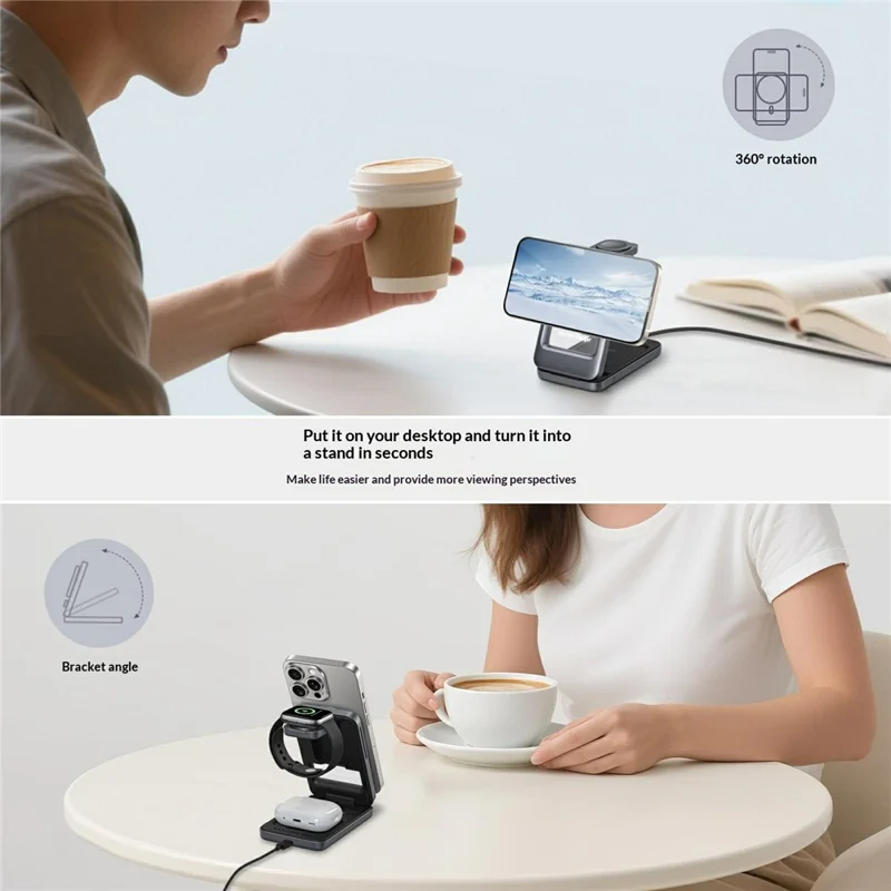 S29 3 in 1 Magnetic Wireless Charger with Ambient Light 15W Fast Charging Stand for Phone Watch Earbuds Foldable Charging Dock - Grey