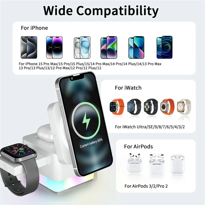S6 3 in 1 Magnetic Wireless Charging Station Foldable Dock with RGB Light for iPhone Apple Watch AirPods - White