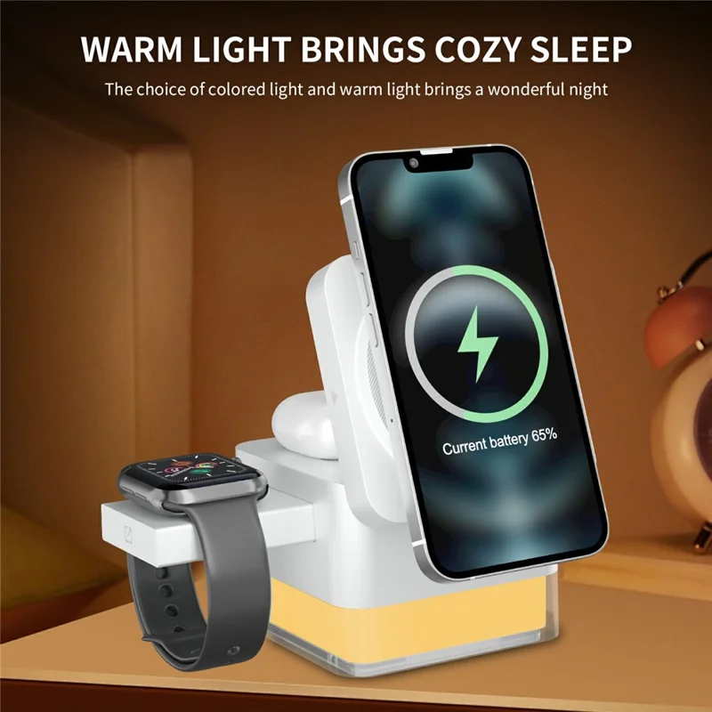 S6 3 in 1 Magnetic Wireless Charging Station Foldable Dock with RGB Light for iPhone Apple Watch AirPods - White