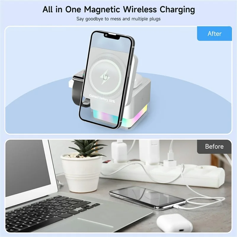S6 3 in 1 Magnetic Wireless Charging Station Foldable Dock with RGB Light for iPhone Apple Watch AirPods - White