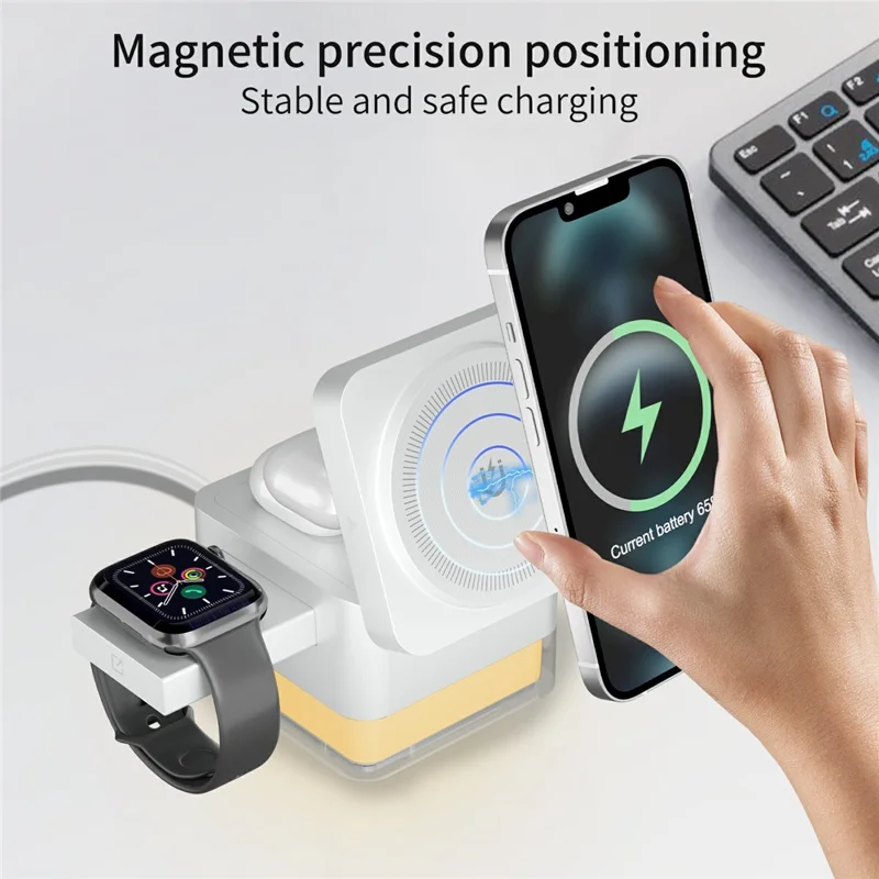 S6 3 in 1 Magnetic Wireless Charging Station Foldable Dock with RGB Light for iPhone Apple Watch AirPods - White