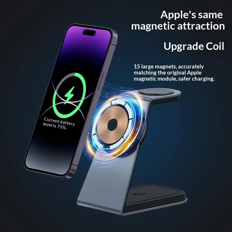 T3 Qi2 15W Magnetic Wireless Charger for iPhone Apple Watch AirPods Desktop Stand - Grey