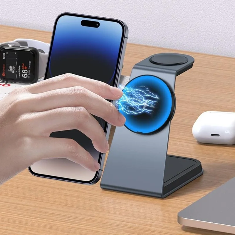 T3 Qi2 15W Magnetic Wireless Charger for iPhone Apple Watch AirPods Desktop Stand - Grey