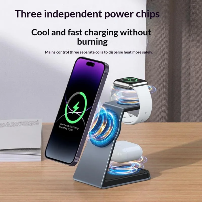T3 Qi2 15W Magnetic Wireless Charger for iPhone Apple Watch AirPods Desktop Stand - White
