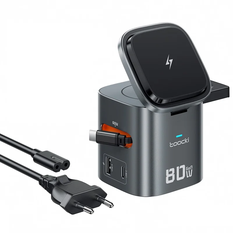 TOOCKI MX-CD15S 80W GaN 6-in-1 Wireless Charging Station Retractable Cable Charging Dock for iPhone MacBook - EU Plug