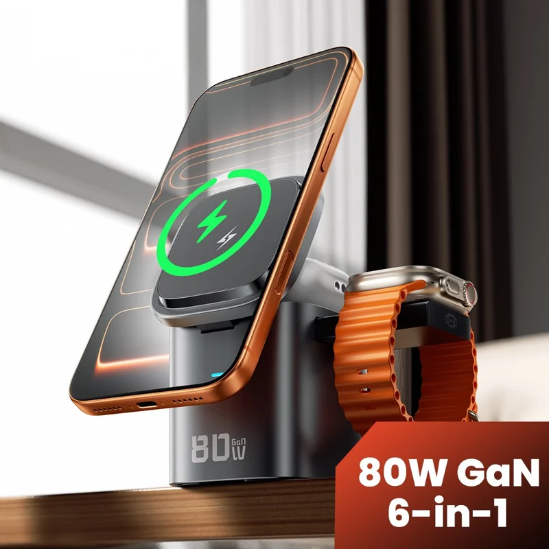 TOOCKI MX-CD15S 80W GaN 6-in-1 Wireless Charging Station Retractable Cable Charging Dock for iPhone MacBook - EU Plug