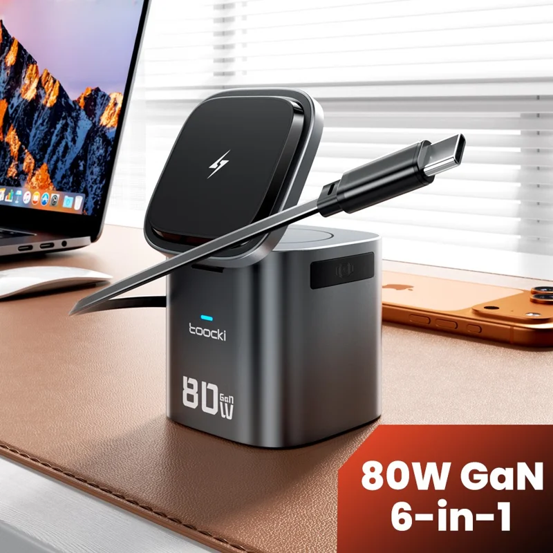 TOOCKI MX-CD15S 80W GaN 6-in-1 Wireless Charging Station Retractable Cable Charging Dock for iPhone MacBook - EU Plug