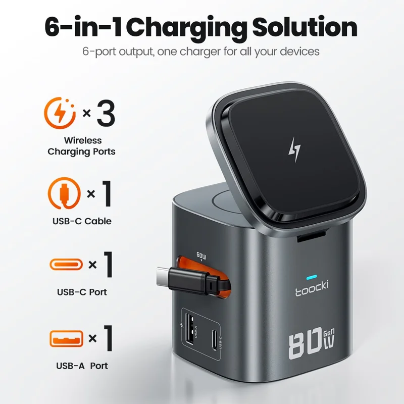 TOOCKI MX-CD15S 80W GaN 6-in-1 Wireless Charging Station Retractable Cable Charging Dock for iPhone MacBook - EU Plug