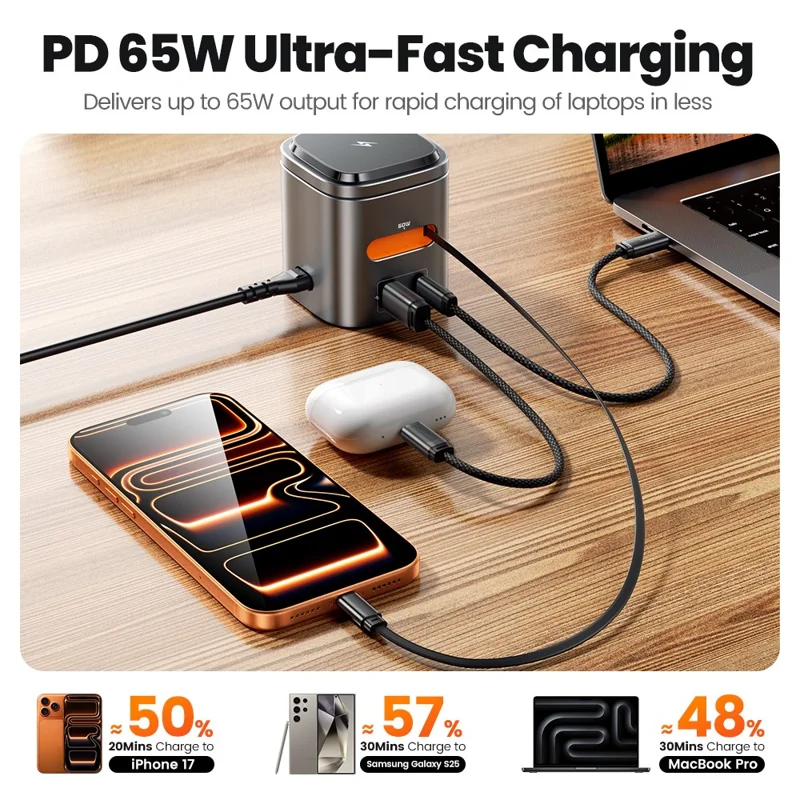 TOOCKI MX-CD15S 80W GaN 6-in-1 Wireless Charging Station Retractable Cable Charging Dock for iPhone MacBook - EU Plug