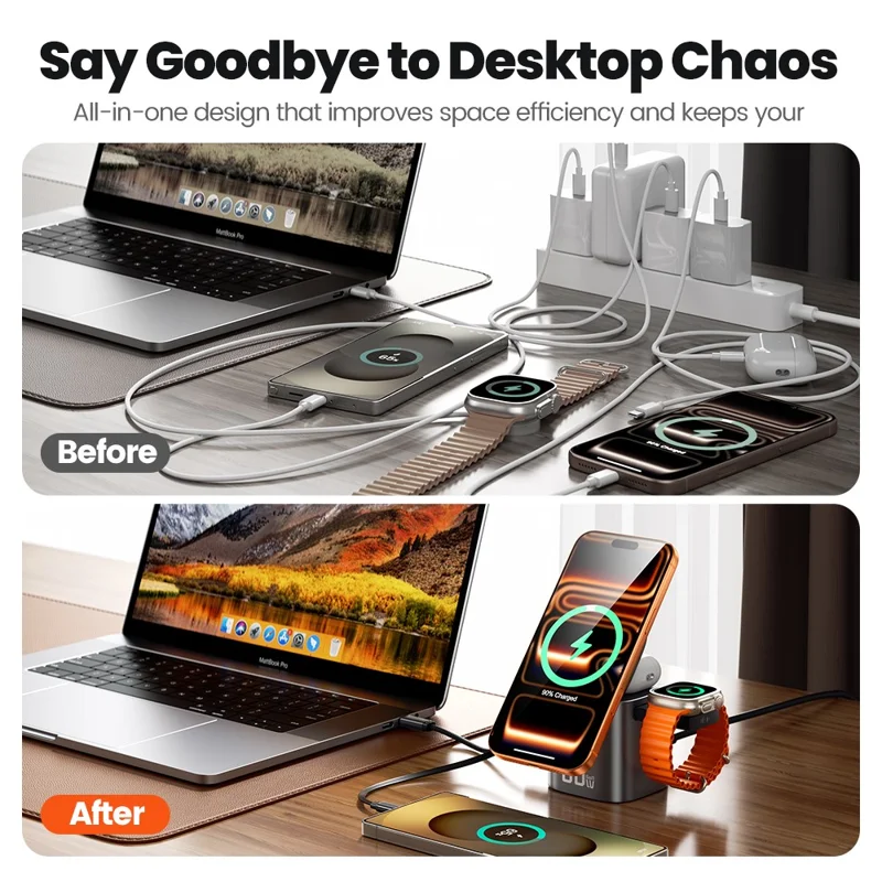 TOOCKI MX-CD15S 80W GaN 6-in-1 Wireless Charging Station Retractable Cable Charging Dock for iPhone MacBook - EU Plug