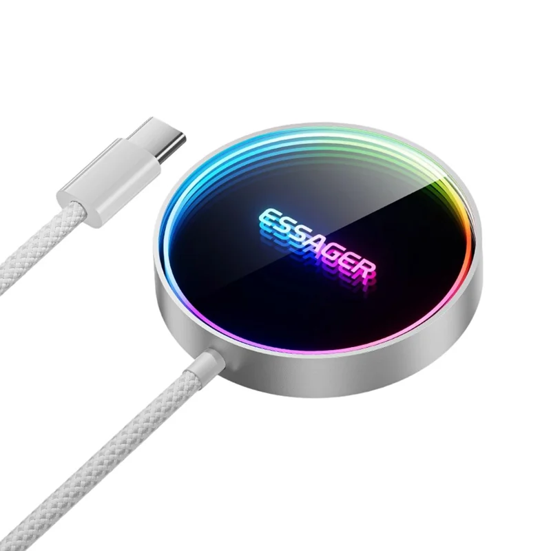 ESSAGER 15W Magnetic Wireless Charger with Dynamic RGB Light Portable Charging Pad - Silver