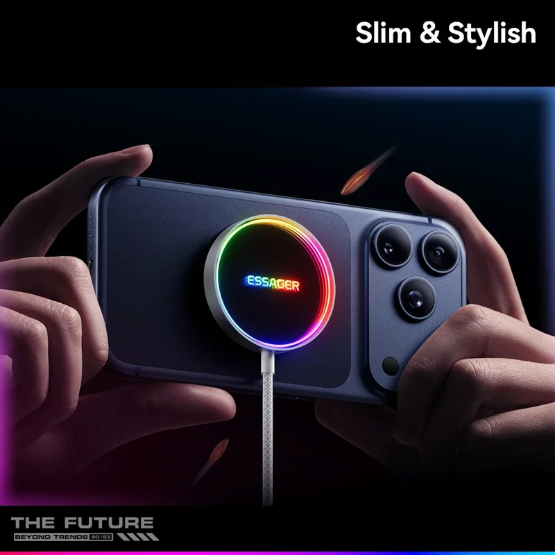 ESSAGER 15W Magnetic Wireless Charger with Dynamic RGB Light Portable Charging Pad - Silver