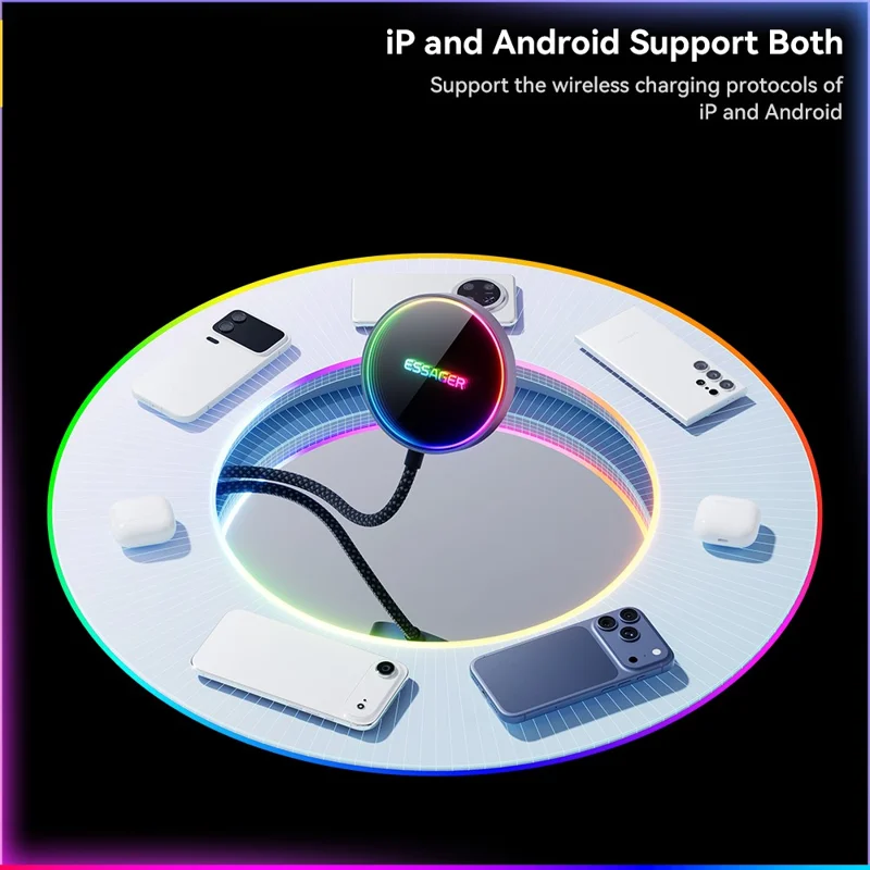 ESSAGER 15W Magnetic Wireless Charger with Dynamic RGB Light Portable Charging Pad - Silver