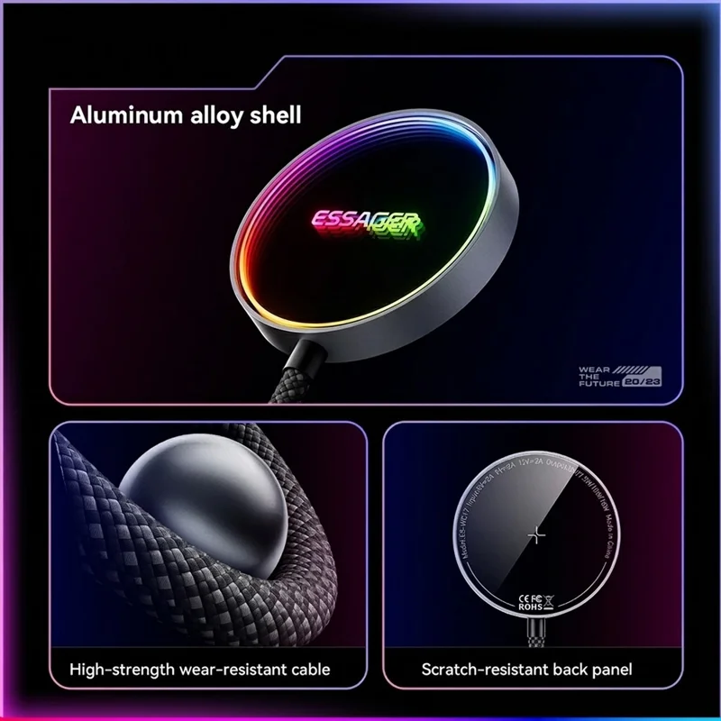 ESSAGER 15W Magnetic Wireless Charger with Dynamic RGB Light Portable Charging Pad - Silver