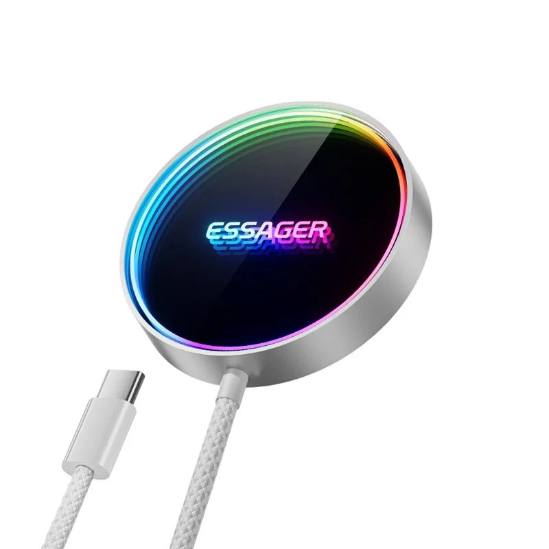 ESSAGER 15W Magnetic Wireless Charger with Dynamic RGB Light Portable Charging Pad - Silver