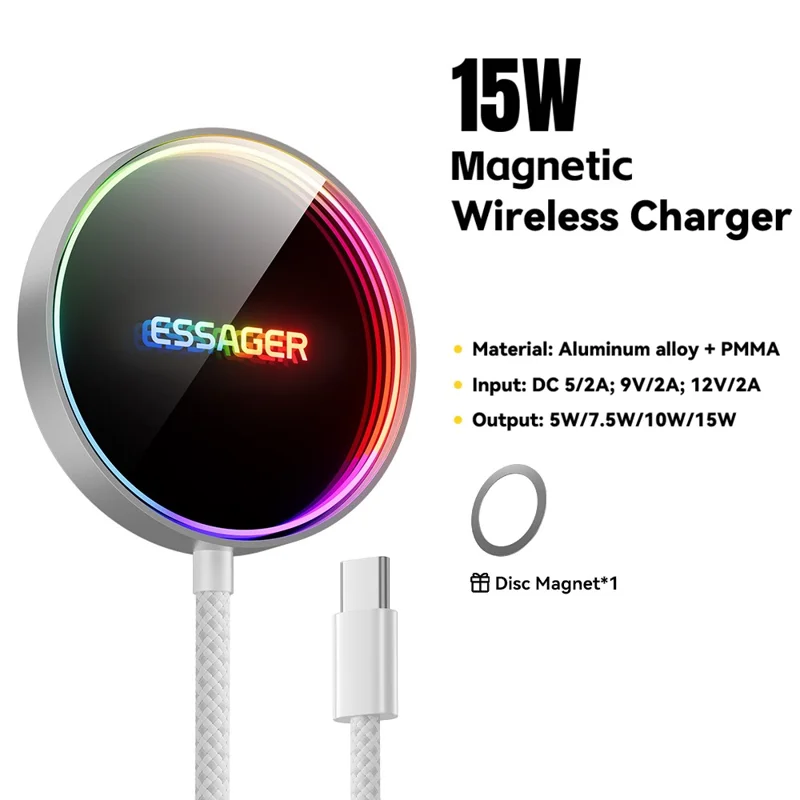 ESSAGER 15W Magnetic Wireless Charger with Dynamic RGB Light Portable Charging Pad - Silver