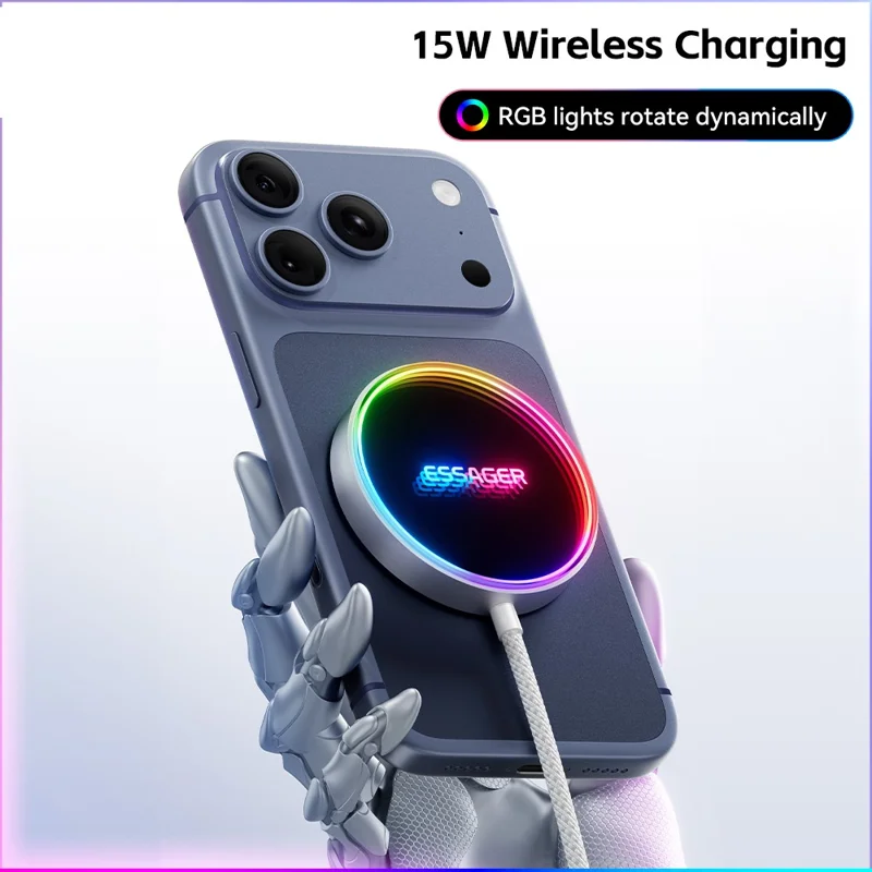 ESSAGER 15W Magnetic Wireless Charger with Dynamic RGB Light Portable Charging Pad - Silver