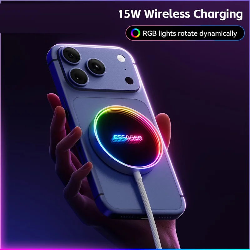 ESSAGER 15W Magnetic Wireless Charger with Dynamic RGB Light Portable Charging Pad - Silver