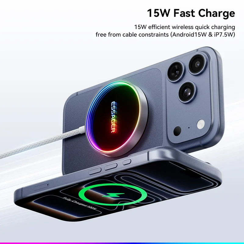 ESSAGER 15W Magnetic Wireless Charger with Dynamic RGB Light Portable Charging Pad - Silver