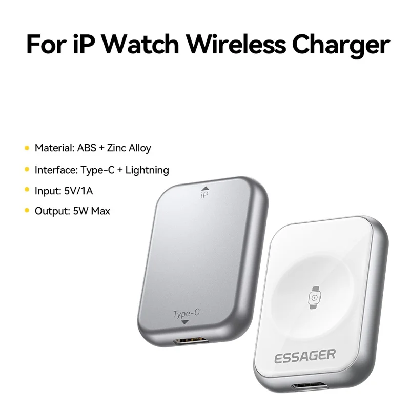 ESSAGER 5W Wireless Charger for Apple Watch Zinc Alloy Type-C + iP Dual Interface Portable Magnetic Charger - Silver