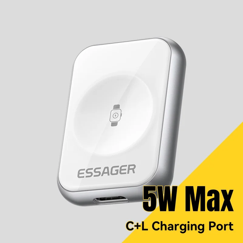 ESSAGER 5W Wireless Charger for Apple Watch Zinc Alloy Type-C + iP Dual Interface Portable Magnetic Charger - Silver