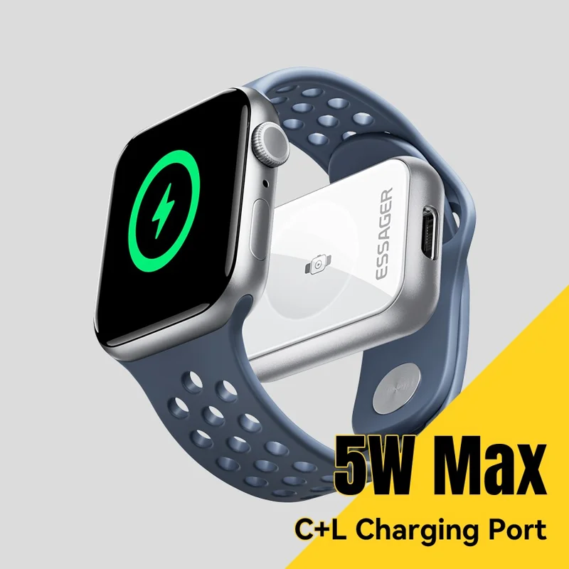 ESSAGER 5W Wireless Charger for Apple Watch Zinc Alloy Type-C + iP Dual Interface Portable Magnetic Charger - Silver