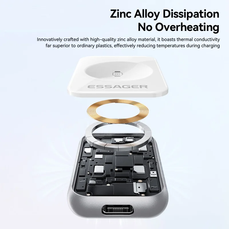 ESSAGER 5W Wireless Charger for Apple Watch Zinc Alloy Type-C + iP Dual Interface Portable Magnetic Charger - Silver