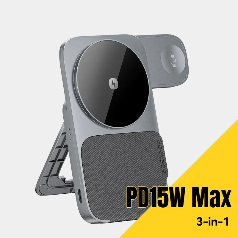 ESSAGER 3 in 1 Foldable Wireless Charger for Phone / Watch / Earbuds 15W Fast Charging Stand - Grey