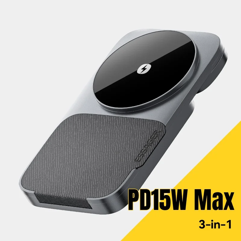 ESSAGER 3 in 1 Foldable Wireless Charger for Phone / Watch / Earbuds 15W Fast Charging Stand - Grey
