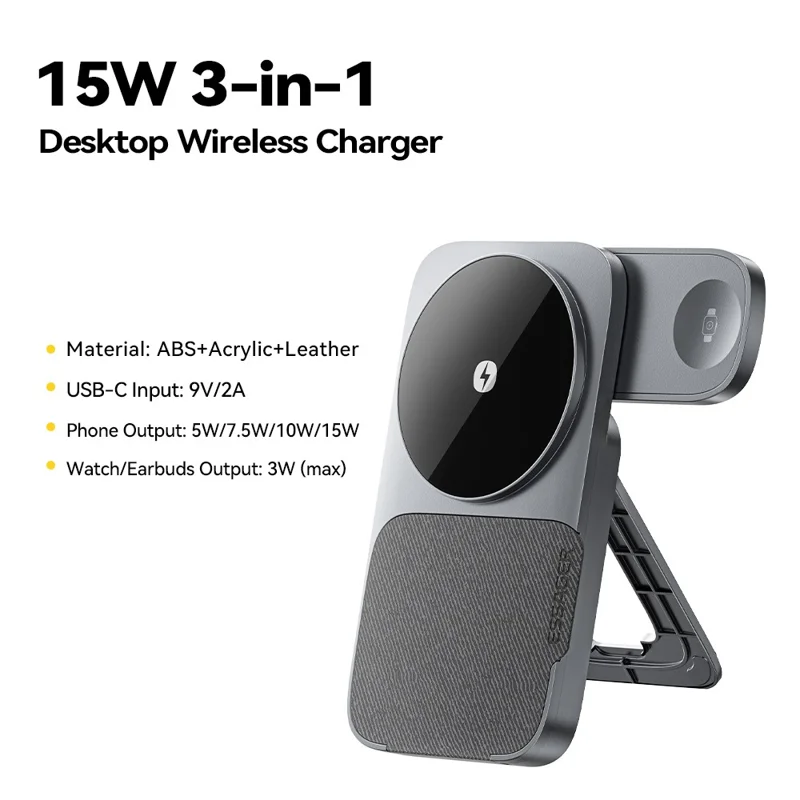 ESSAGER 3 in 1 Foldable Wireless Charger for Phone / Watch / Earbuds 15W Fast Charging Stand - Grey