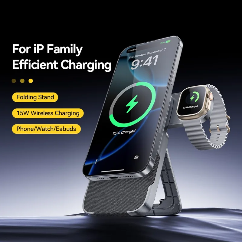 ESSAGER 3 in 1 Foldable Wireless Charger for Phone / Watch / Earbuds 15W Fast Charging Stand - Grey