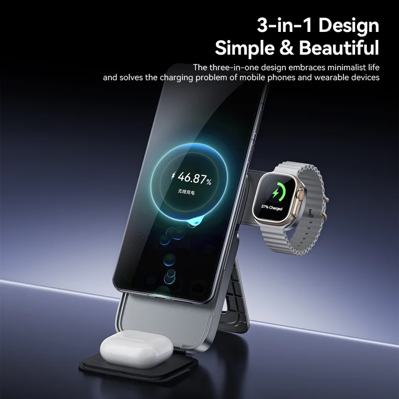 ESSAGER 3 in 1 Foldable Wireless Charger for Phone / Watch / Earbuds 15W Fast Charging Stand - Grey