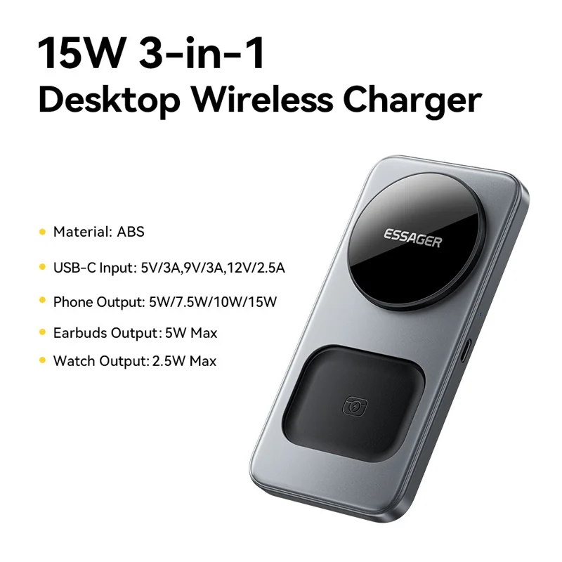 ESSAGER 3 i 1 skrivebordswireless oplader 15 W hurtig opladning magnetisk foldbar til telefon, ur og ørepuder - Grå
