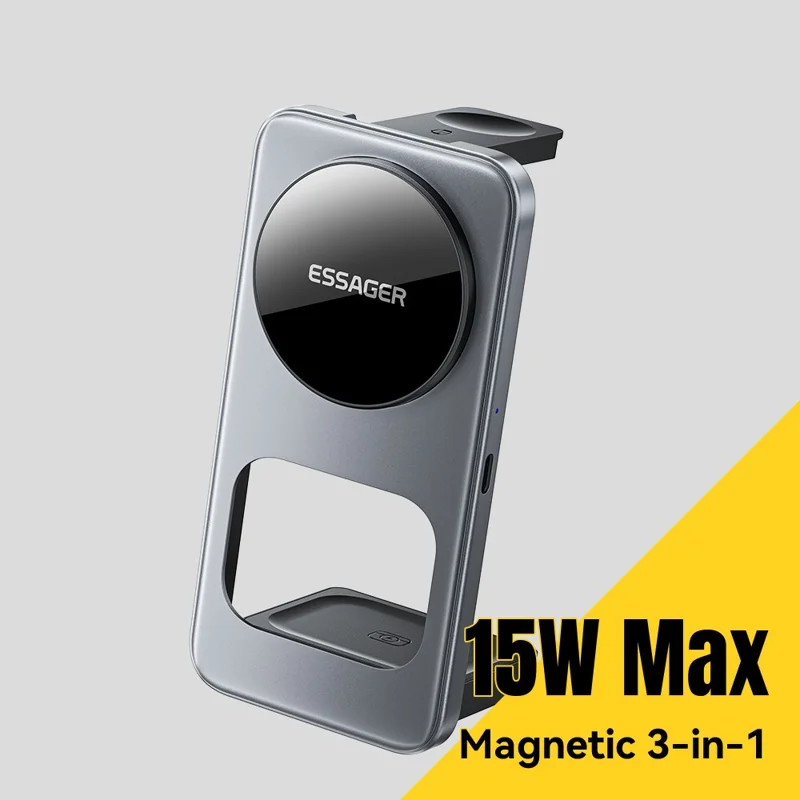 ESSAGER 3 i 1 skrivebordswireless oplader 15 W hurtig opladning magnetisk foldbar til telefon, ur og ørepuder - Grå