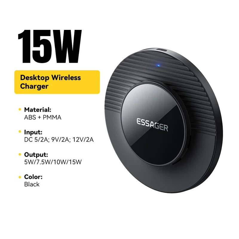 ESSAGER Desktop Wireless Charger Portable 15W Fast Charging Pad with 1m Type-C Cable - Black