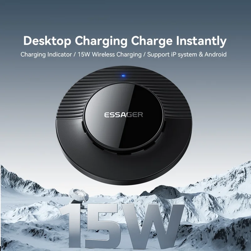 ESSAGER Desktop Wireless Charger Portable 15W Fast Charging Pad with 1m Type-C Cable - Black