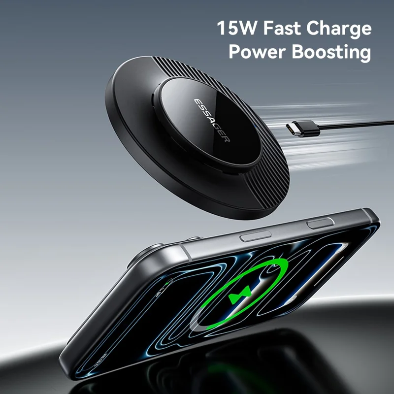 ESSAGER Desktop Wireless Charger Portable 15W Fast Charging Pad with 1m Type-C Cable - Black