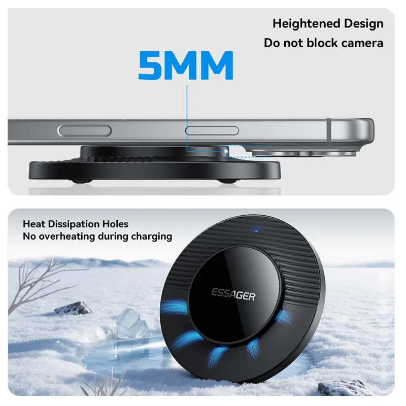 ESSAGER Desktop Wireless Charger Portable 15W Fast Charging Pad with 1m Type-C Cable - Black