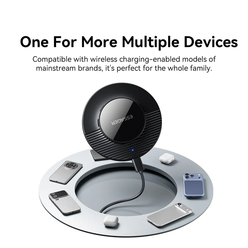 ESSAGER Desktop Wireless Charger Portable 15W Fast Charging Pad with 1m Type-C Cable - Black